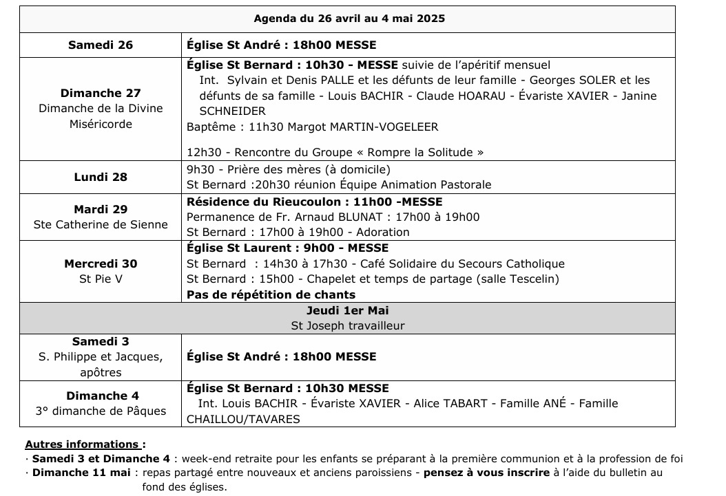 agenda du 26 avril au 3 mai